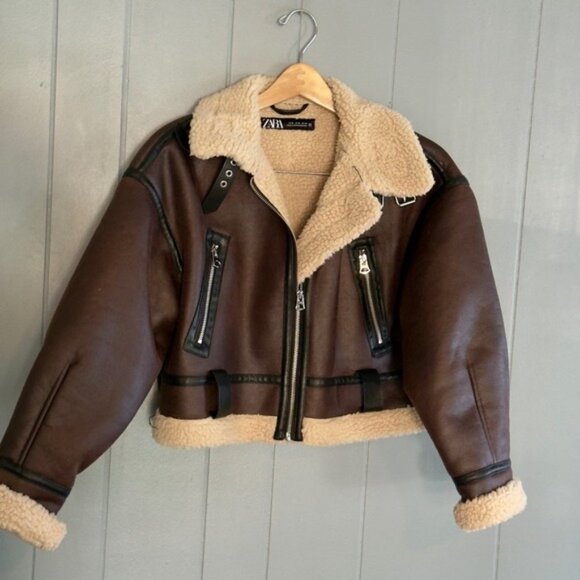 Cropped aviator shearling moto jacket brown faux leather Coat Zara Sz M NO BELT - Picture 2 of 10